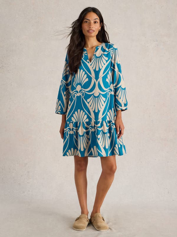 Blue Print Tiered Relaxed Mini Dress with Mandarin Collar — White Stuff