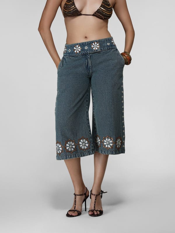 Floral Embellished Denim Shorts — The Clothing Factory
