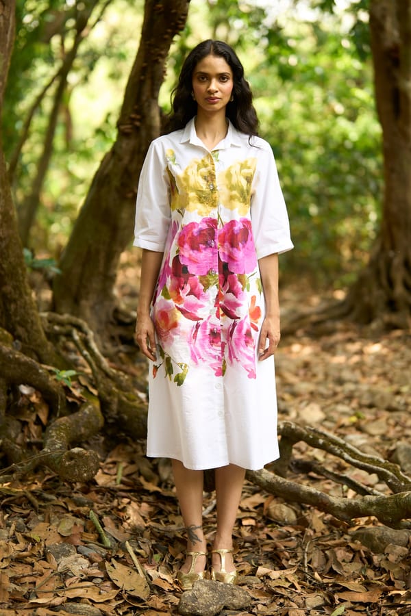 Multicolor Watercolour Floral Midi Shirt Dress — Dash and Dot