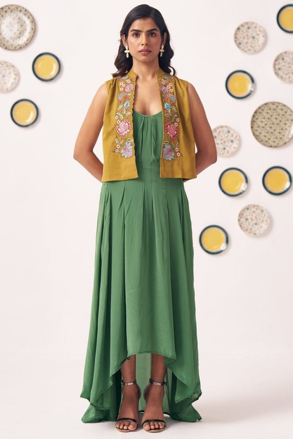 Yellow Cropped Sleeveless Embroidered Jacket — Western Era