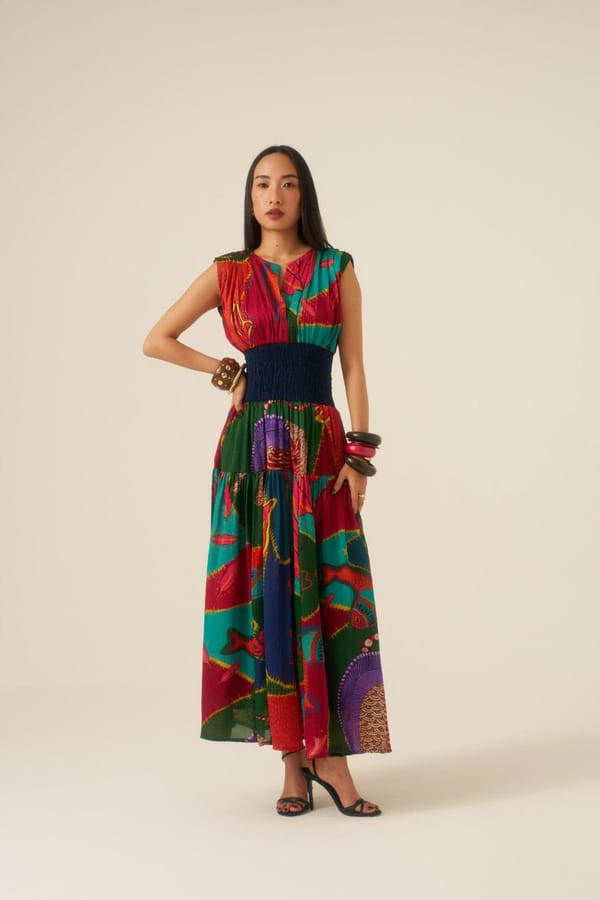 Multicolor Abstract Printed Tiered Smocked Waist Maxi Dress — ANANYA AGARWAL