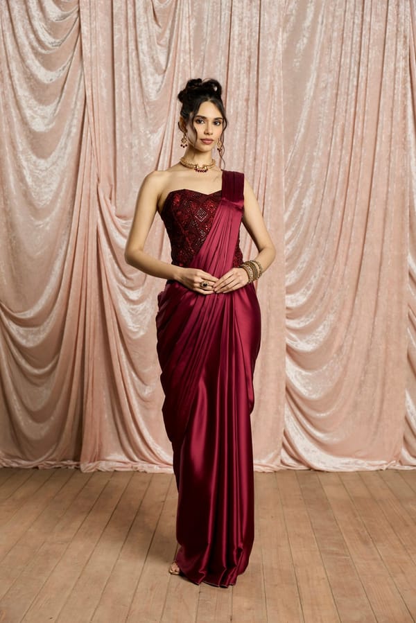 Burgundy Satin Pre-Draped Saree Set with Corset Blouse — Lea Clothing