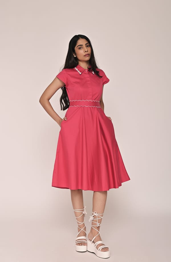 Hot Pink Cotton Satin Fit and Flare Midi Shirt Dress — Escape By Aishwarya