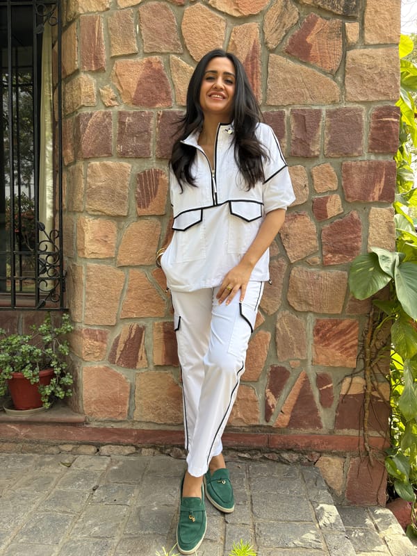 White/Black Twill Cotton Co-ord Set with Zip-Neck Top — Shivya K