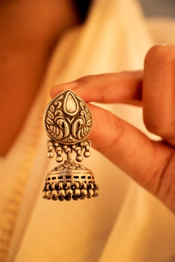 Moh Peacock Motif Embossed Classic Jhumki — Shyle