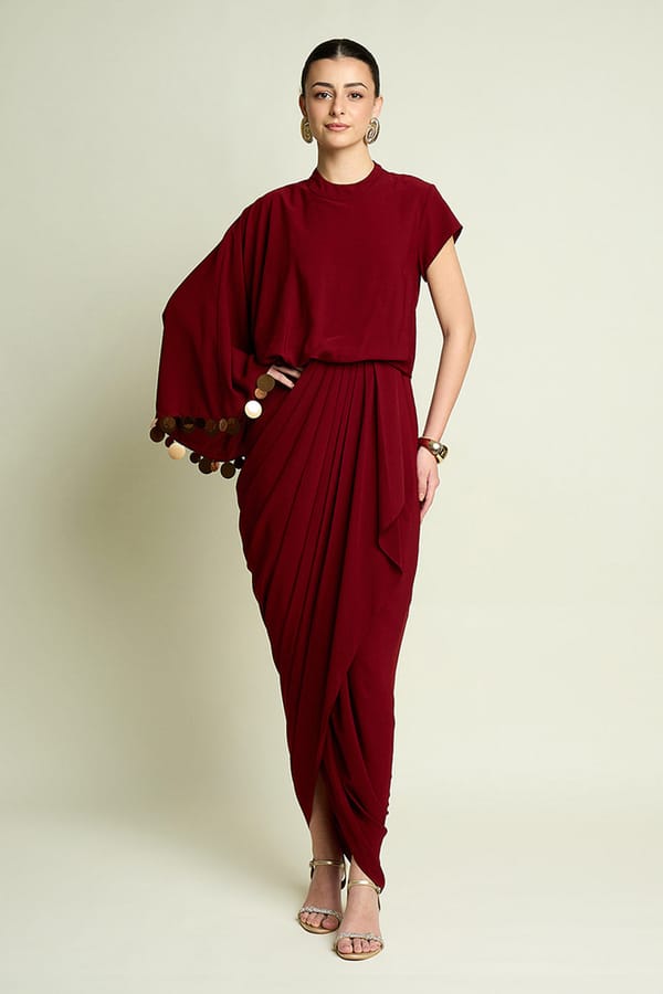 Wine Draped Dress With Metallic Coin Detail — Aakaar