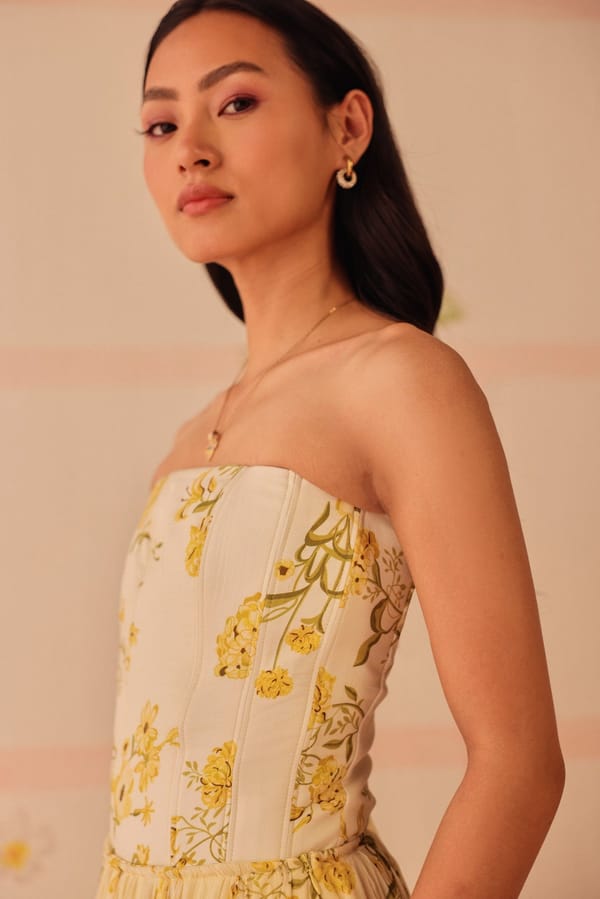 Yellow Floral Strapless Corset Top with Lace-Up Back — Sage by Mala