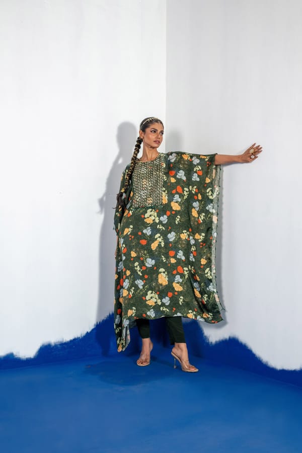 Green Floral Kaftan Kurta Set with Embroidered Yoke — SHRISTICHETANI
