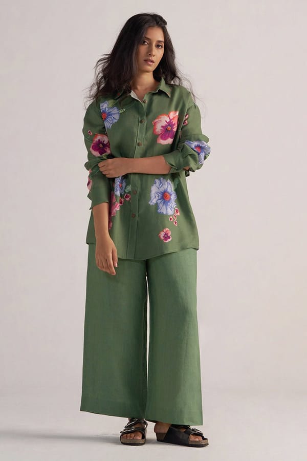 Green Linen Floral Shirt and Wide-Leg Pants Co-ord Set — Ganga Fashions Pvt Ltd