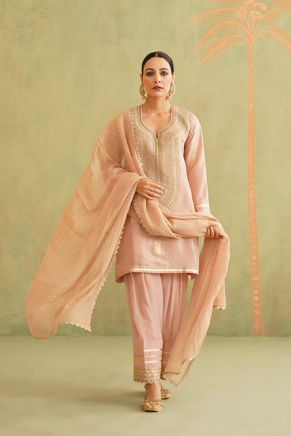 Pink Brocade Zari-Embroidered Kurta Set with Dupatta — NEETIKA CHOPRA