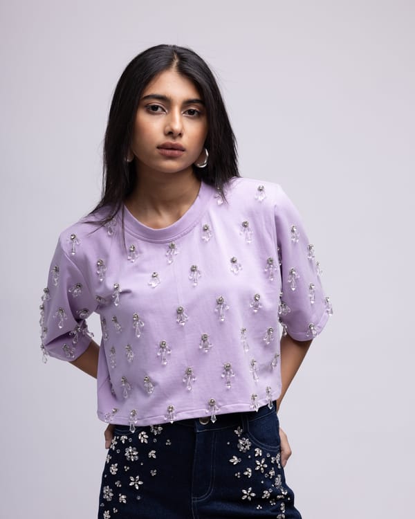 Lavender Crystal Drop Embellished Cropped T-Shirt — MAGIA