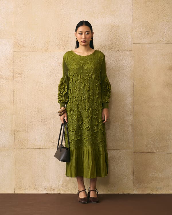 Green Textured Straight Midi Dress with Boat Neck — Pleats by Aruni