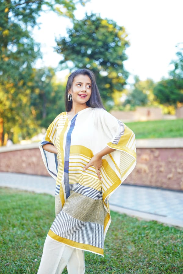 White Striped V-Neck Long Cotton Kaftan — Banana Labs