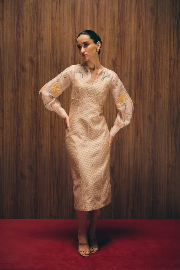 Ivory Rosé Straight Midi Dress with Sheer Embroidered Sleeves — Love Kiki