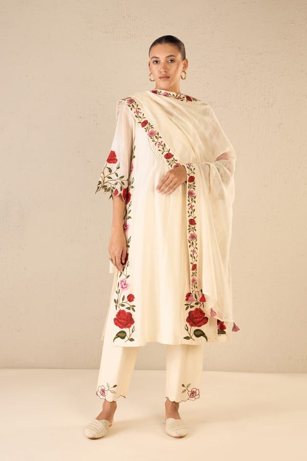 Royal Rose: Ivory Side Gather Tunic With Red Pant — SHIVANI BHARGAVA