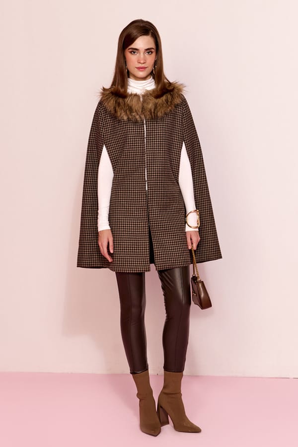 Brown Tweed Checked Cape with Fur Trim — AVERIE