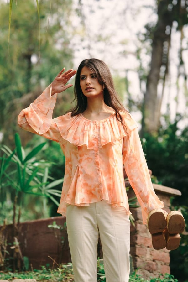 Orange Printed Sheer Chiffon Ruffle Neck Button-Down Top — Contemponari