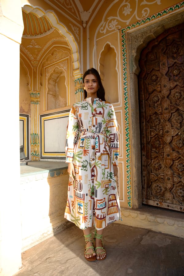 White Casablanca Print Midi Shirt Dress with Belt — HAPPI SPACE