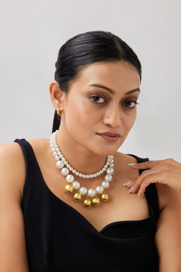 Mela Statement Pearl Necklace with Textured Gold Beads — Amossh