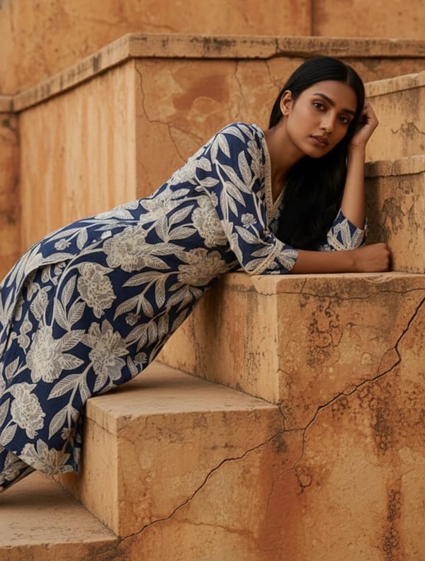 Navy Blue Floral Print Straight Kurta Set with Lace Trim — Truebrowns