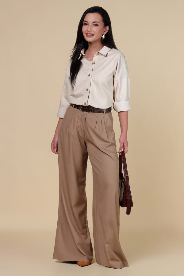 Beige Relaxed-Fit Button-Down Shirt with Back Motif — ASPRIN FASHION