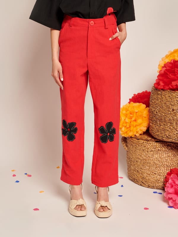 Red High-Rise Straight-Leg Trousers with Knee Applique — SISTER JANE