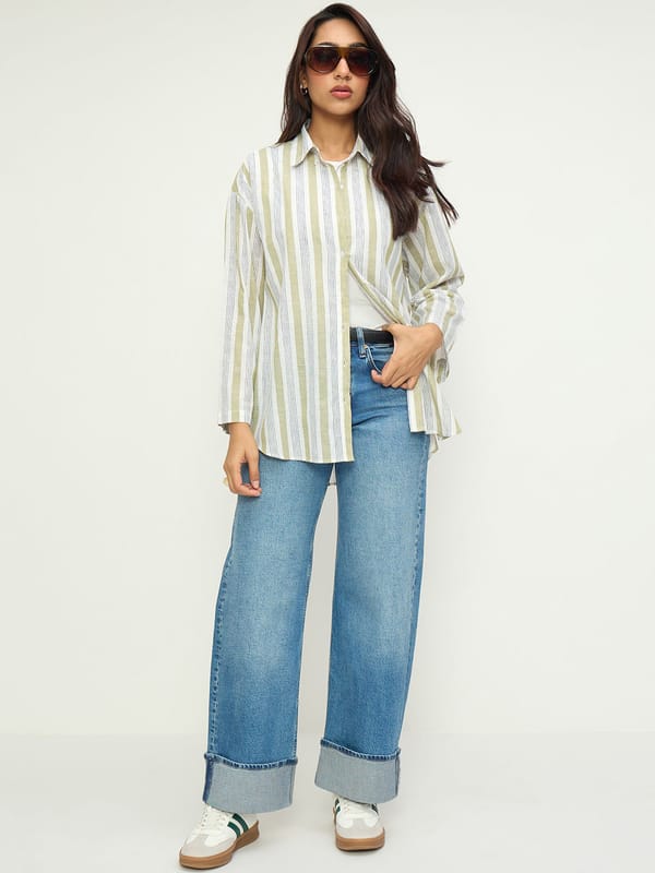 Olive Stripe Cotton Blend Oversized Shirt — Femmella