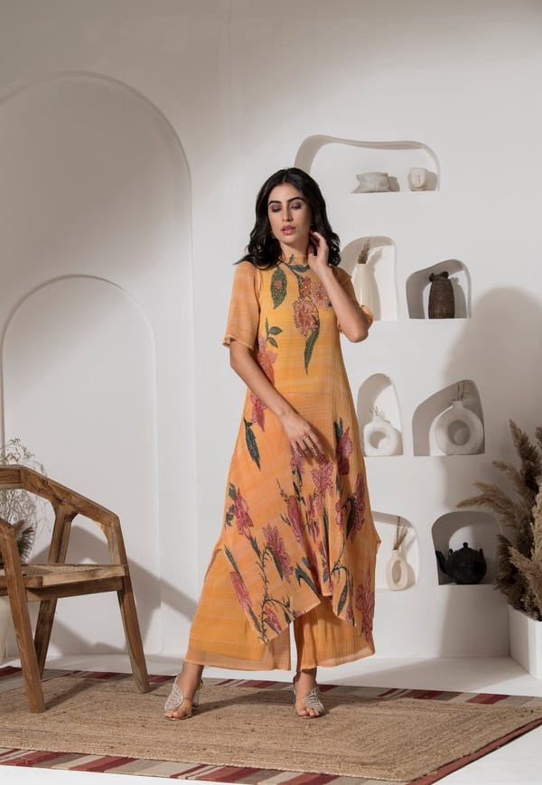 Golden Yellow Floral Lurex Kaftan Kurta Set with Palazzo — PREETI MEHTA