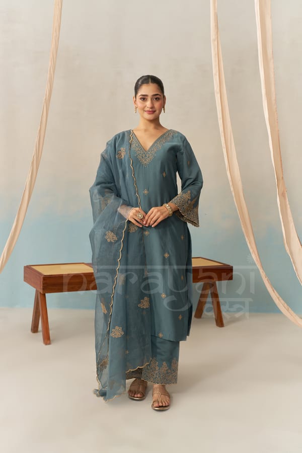 TARA - Teal Blue Chanderi Suit Set — NARAYANI VASTRA