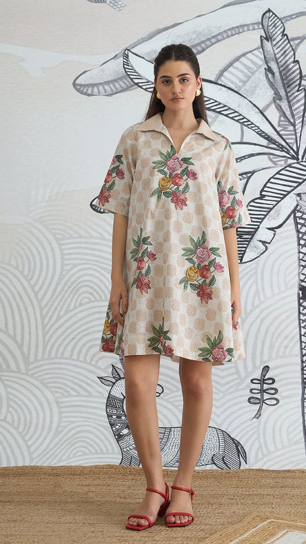 Beige Check Flower Box Pleat Dress — SHIVANI BHARGAVA