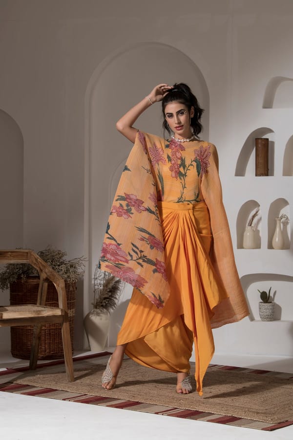 Golden Yellow Floral Kaftan Kurta and Dhoti Set — PREETI MEHTA
