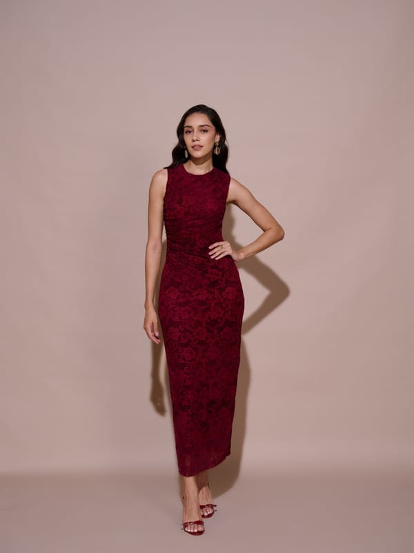 Wine Burnout Velvet Mesh Maxi Dress with Ruched Bodice — Style Island