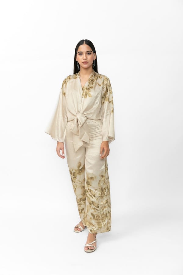 Cream and Green Floral Printed Straight-Leg Satin Trousers — Contemponari