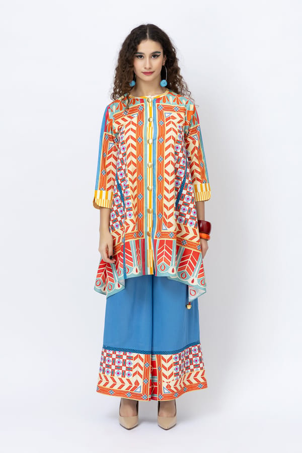 Multicolor Printed Kurta and Blue Palazzo Co-ord Set — Jungle Marigold