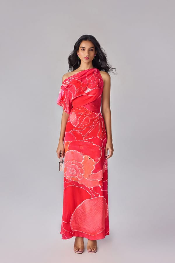 Pink One-Shoulder Abstract Floral Print Maxi Dress — Saaksha and Kinni