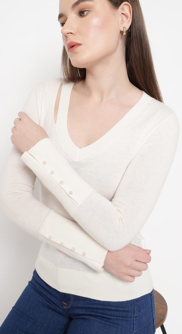 Light Beige V-Neck Slim Fit Sweater with Shoulder Cut-Out — SALSA JEANS