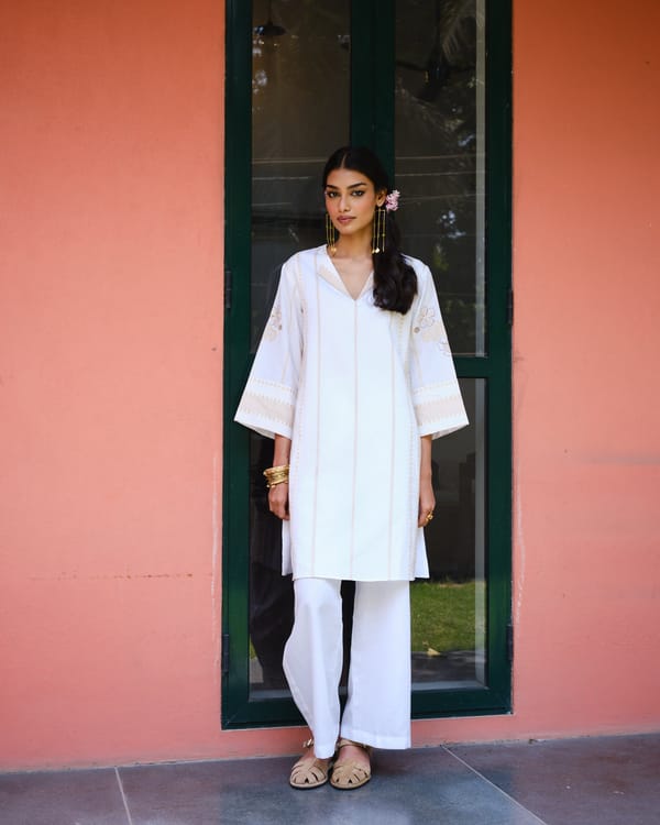 White Cotton Tunic Set with Bell Sleeves & Gold — Truly SMA