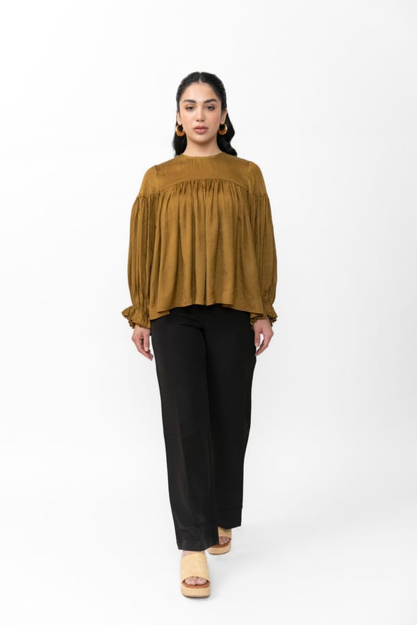 Mustard Jacquard Gathered Puff Sleeve Top — Contemponari