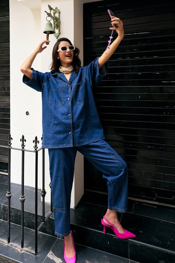 Dark Blue Denim Oversized Shirt and Pants Co-ord Set — Spacelines