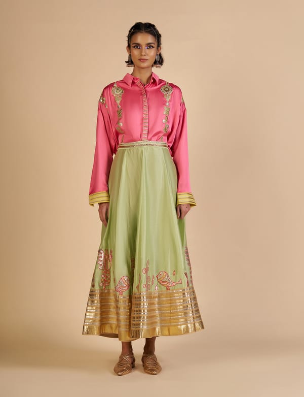 Pista Green Silk Chanderi Maxi Skirt With Gota Border — Gulabo by Abu Sandeep