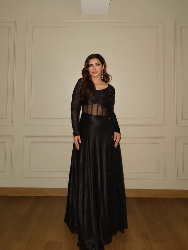 Black One-Shoulder Sequin Sleeve Maxi Gown — QUNIC