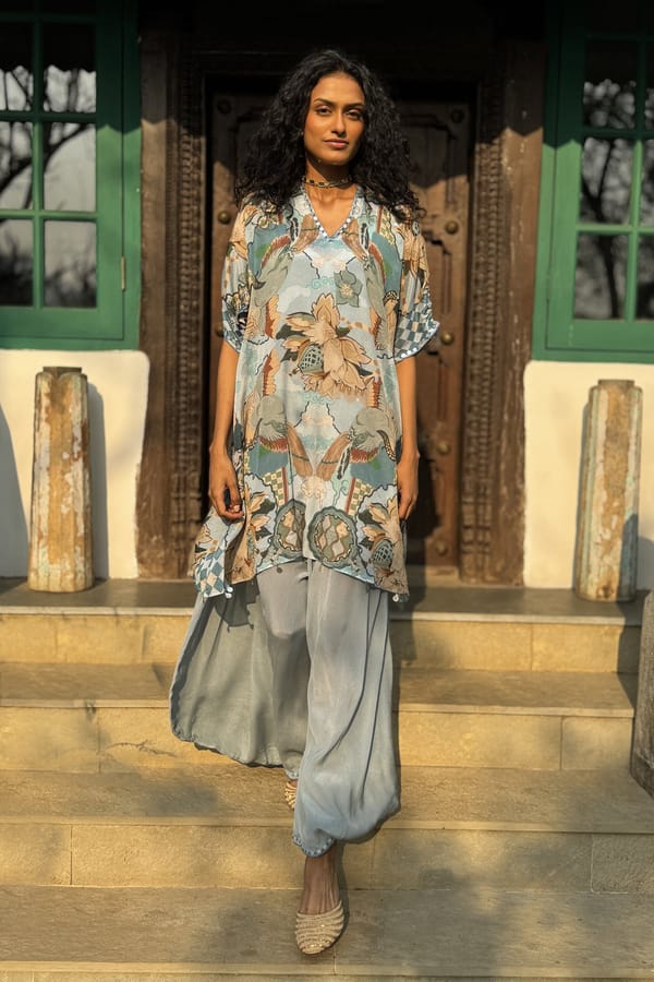 Grey Printed Chinon Chiffon Co-ord Set with Cowl Pants — Basil Leaf