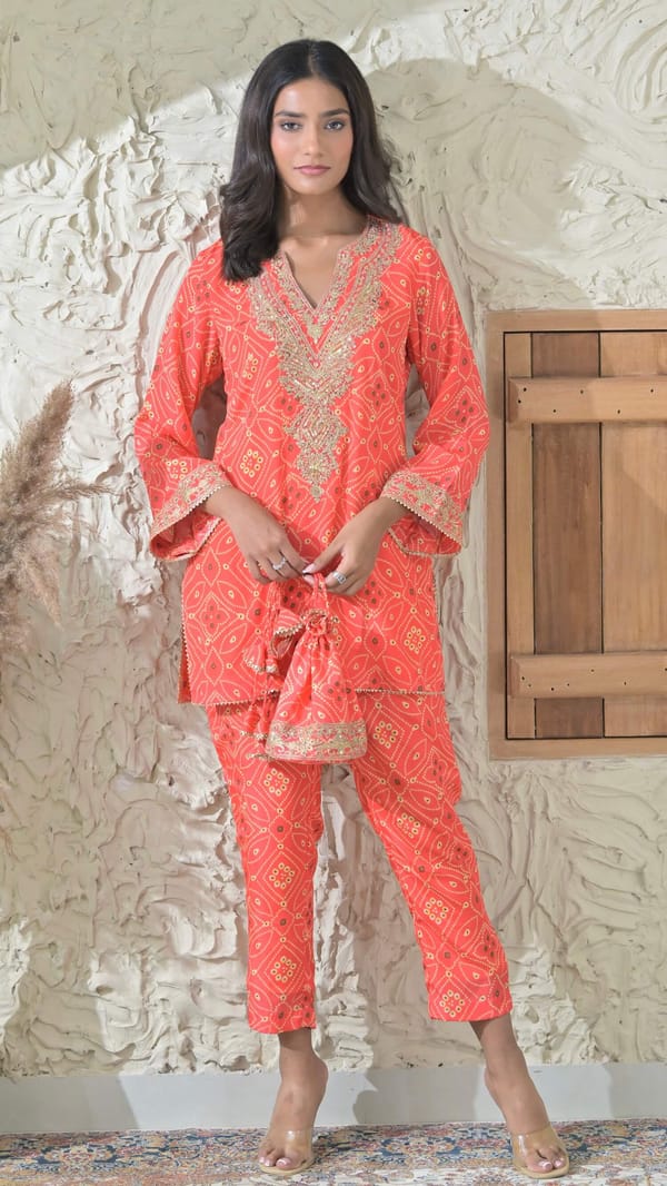 Orange Bandhej Embroidered Co-ord — Kylee Fashions