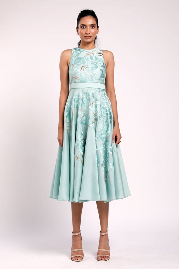 Mint Blue Embroidered Fit and Flare Midi Gown — Madder Much