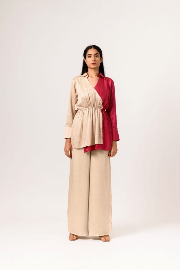 Ecru and Wine Colorblocked Wrap Blouse with Full Sleeves — Neora