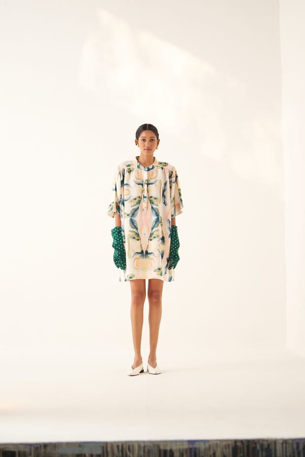 Abstract Print Cotton Linen Anti-Fit Mini Shirt Dress — Ofrida
