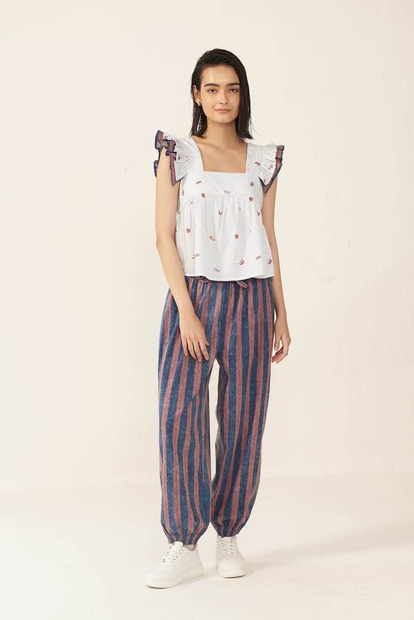 Blue/Red Striped Washed Denim Jogger Trousers — Muvazo