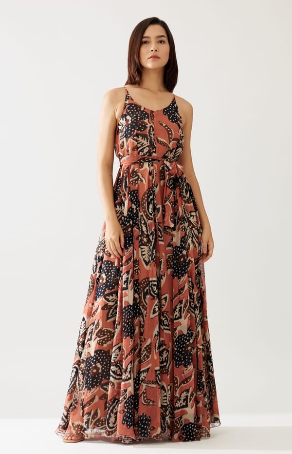 Pink And Dark Blue Floral Sleeveless Long Dress — KoAi