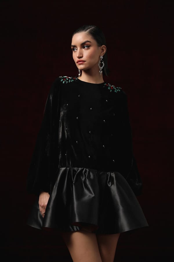 Black Velvet Fit and Flare Mini Dress with Crystal Detail — BELONG