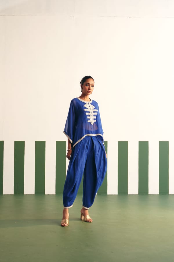Ink Blue Organza Kaftan and Dhoti Co-ord Set — Reeti Arneja